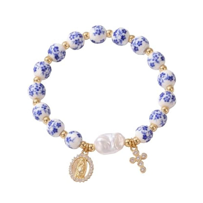 Vintage Ceramic Beads Bracelets for Women Virgin Mary Cross Charm Cubic Zirconia Blue White Porcelain Gold Tone Faux Pearl Stretch Jewelry Gifts
