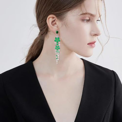 CZ Bridal Earrings for Wedding - 14k Plated Sterling Silver Elegant Teardrop Cubic Zirconia Crystal Rhinestone Floarl Leaf Cluster Chandelier Statement Dangle Drop Earrings for Bride Bridesmaids Party - color: Green Flower - Silver
