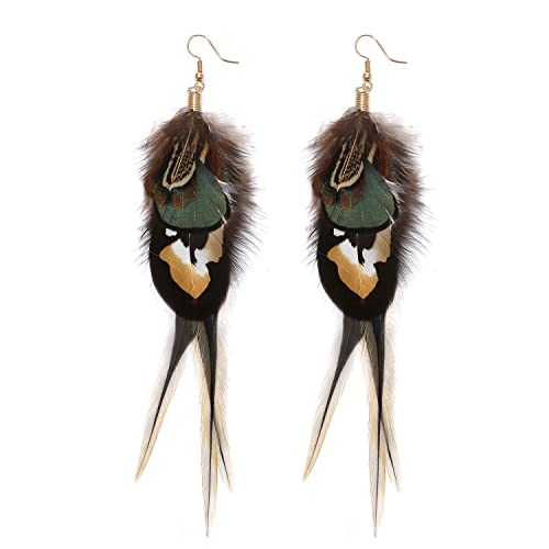 Bohemian Long Feather Earrings for Women Handmade Natural Dangle Tassel Jewelry - color: Style D