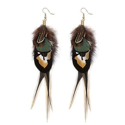 Bohemian Long Feather Earrings for Women Handmade Natural Dangle Tassel Jewelry - color: Style D