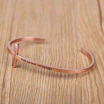 𝐂𝐫𝐨𝐬𝐬 𝐁𝐫𝐚𝐜𝐞𝐥𝐞𝐭 Religious Cuff Bangle 𝐁𝐢𝐛𝐥𝐞 𝐕𝐞𝐫𝐬𝐞 Christian Gifts Jewelry for 𝐖𝐨𝐦𝐞𝐧 - style: Rose gold-Walk by faith, not by sight -2 Corinthians 5:7