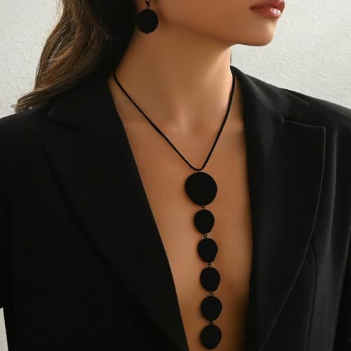 Statement Necklace and Earrings Set – 2PCS Gold Silver Chunky Geometric Pendant Jewelry with Snake Chain, Asymmetrical Ellipse Y-Necklace Metallic Fashion Jewelry for Women - color: A: Black