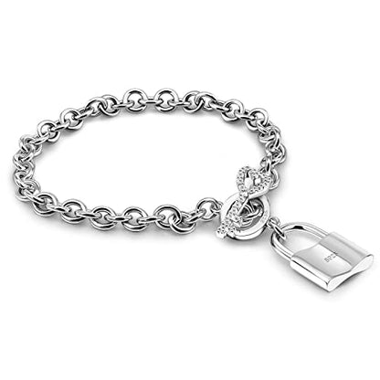 H&Beautimer 925 Sterling Silver Bracelet For Women's - Italian Handmade Rolo Chain 6.3, 6.7, 7.1, 7.5, 8 Inch - AAAAA CZ Zircon Heart/Lock Pendant Bracelet - Fine Jewelry - color: Silver, size: 6.7 inches