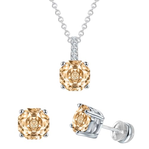 Rose Cut Silver Solitaire Necklace and Earring Set for Women, Jewelry Gift | Rose Cut, Cubic Zirconia, Necklace and Stud Earrings Set, Jewelry Set, Minimalist - color: Champagne