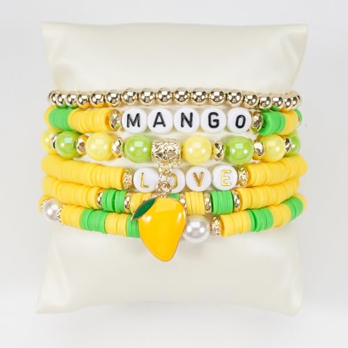 Twinfree Bohemian Cute Fruit Banana Cherry Strawberry Pineapple Mango Polymer Clay Beaded Stackable Stretch Bracelets - color: Color 4