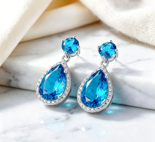 Drop Dangle Earrings Teardrop Gemstone Waterdrop White Gold Plated Crystal Hanging Cubic Zirconia Ruby Sapphire Emerald Jewelry Gift for Women Mother Wife - color: Blue