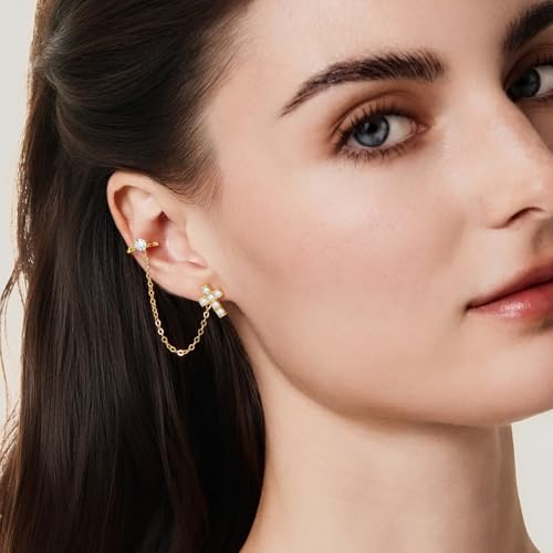Cicy Bell Ear Cuff Earrings for Women Cubic Zirconia Stud Chain Earrings | 18k Gold Plated Clip On Climber earrings Non Piercing Waterproof Jewelry Gifts Birthday Party - color: Gold-StyleA