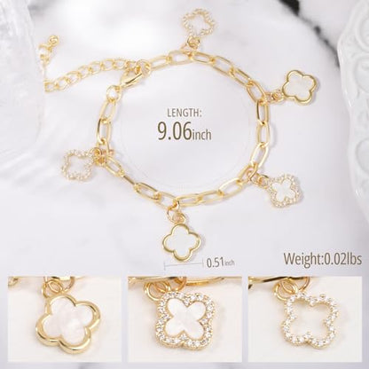 Gold Clover Charm Link Bracelet for Women Elegant Mother of Pearl Lucky Four Leaf Clover Bracelet Cute Colorful Rhinestone Clover Pendant Bracelet Adjustable Link Chain Trendy Party Jewelry Gift - style: Gold Clover