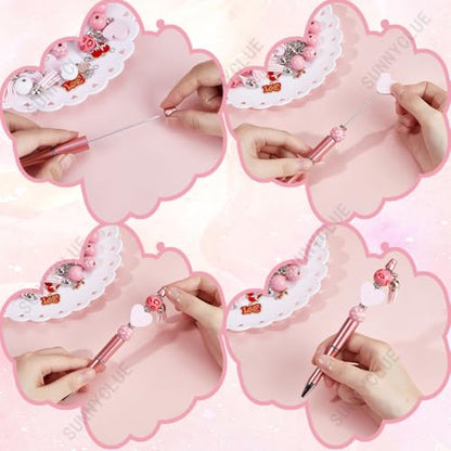 SUNNYCLUE DIY 9 Sets Beadable Pens with Beads 145Pcs Beadable Pens Kit Black Ink Ballpoint Pen Pink Wood Beads Pen Making Kits Valentine's Day Heart Love Hanging Charms Beaded Pens for Women School - color: 9 Sets, Pink