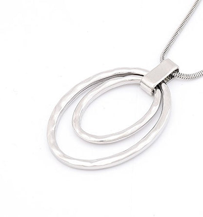NVENF Long Sweater Chain Double Circle Pendant Necklace Bold Snake Chain Women Statement Necklace - color: A Silver-tone