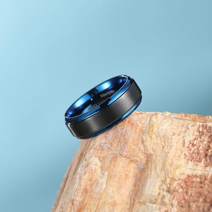 King Will Mens Brushed Wedding Band, Two Tone Matte Step Edges/Pipe Cut, Tungsten Carbide Anniversary Promise Rings Comfort Fit - color: Black&Blue-8mm