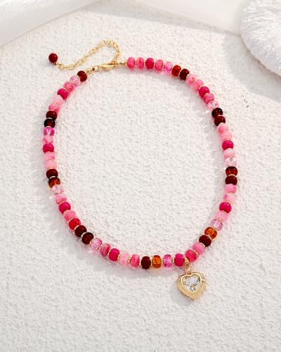 Boho Beaded Choker Necklaces for Women with A Gold Heart CZ - color: Pink