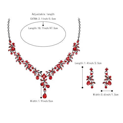 BriLove Wedding Jewelry Set for Women Bride, Y-Necklace Dangle Earrings Crystal Teardrop Leaf Flower Cluster Bridal Bridesmaid - color: 11-Ruby Color