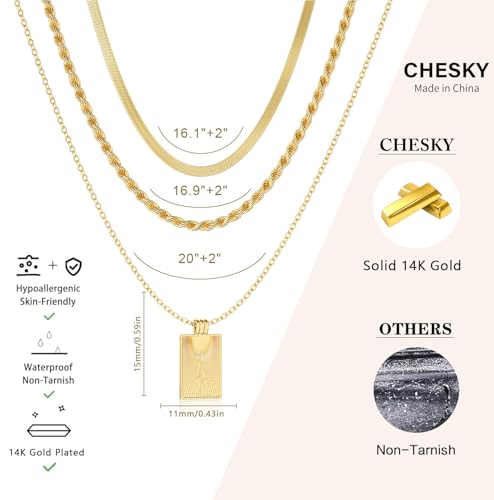 CHESKY Gold Layered Necklaces Set, 14K Gold Plated Paperclip Chain Stack | 3 Pcs Dainty Layering Necklaces, Gold CZ Pendant Necklace Trendy Jewelry Gift for Women Daily Wear - style: Square