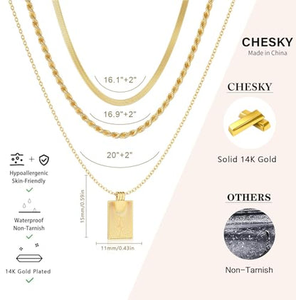 CHESKY Gold Layered Necklaces Set, 14K Gold Plated Paperclip Chain Stack | 3 Pcs Dainty Layering Necklaces, Gold CZ Pendant Necklace Trendy Jewelry Gift for Women Daily Wear - style: Square