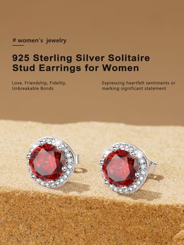 Bestyle Authentic 925 Sterling Silver 2 Carat Birthstone Earrings for Women, More Sparkle Heart/Round Solitaire Diamond Studs Earrings, Great Birthday/Christmas/Anniversary Jewelry for Wife Mother - color: 07. July Ruby-Round