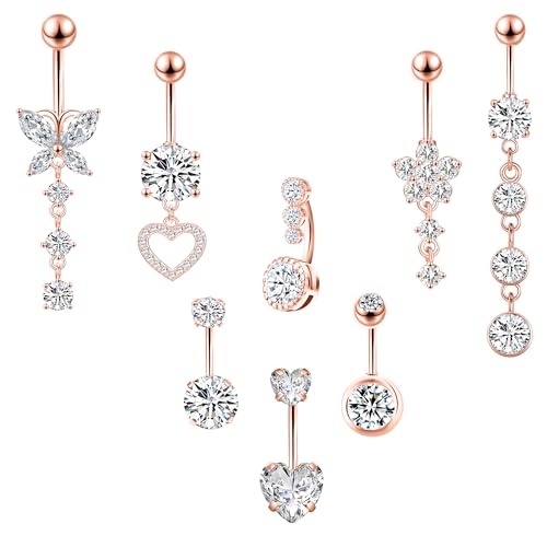 LEE&RO Belly Button Ring Dangle Stainless Steel Belly Rings 14G Belly Button Piercing Cute Navel Ring Belly Piercing Jewelry - style: Elegant-Rose Gold