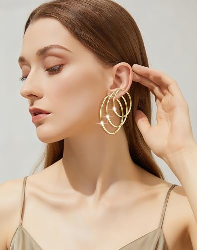 4 Pairs Gold Sliver Hoop Earrings For Women, Hypoallergenic Surgic Steel | 14K Gold Plated Stainless Steel, 30/40/50/60mm, Small Medium Large Size, Thin, Lightweight - color: 4 Pairs Gold-30/40/50/60mm