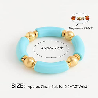 LALAPPLE Gold Plated Beaded Acrylic Bamboo Tube Bangle Bracelets for Women, Colorful Chunky Curved Tube With Gold Plated Pieces Beads Stretch Bracelet Friendship Summer Beach Jewelry - color: N-Blue