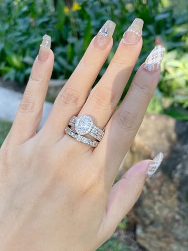 CEJUG 3Ct Princess Wedding Rings for Women Engagement Ring Set Bands 18k White Gold Plated Halo Cz Size 6-10 - color: White Oval