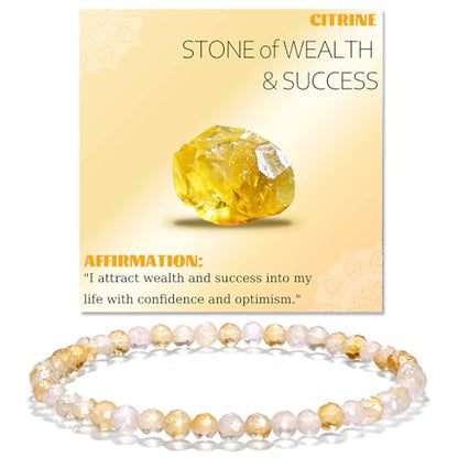 Natural Faceted Crystal Bracelet for Women,4mm Gemstone Round Beads Bracelets Adjustable Stretchy Healing Crystal Beads Bracelets Dainty Jewelry Gift - color: Citrine