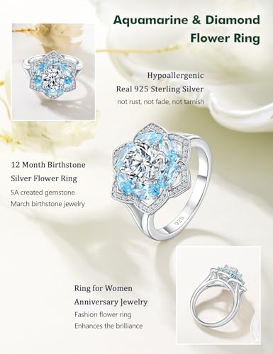 Flower Engagement Promise Ring Sterling Silver Birthstone Rings for Women Sapphire/Emerald/Ruby Gemstone Six Leaf Clover Statement Cocktail Ring Size 6 to 10 - style: 03. March-Created Aquamarine