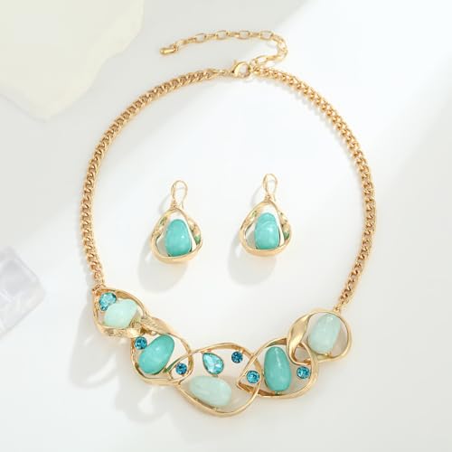Chunky Statement Jewelry Set Blue Ocean Seashell Choker Necklaces Earrings Set for Women Pearl Bib Collar Necklaces for Party Prom Pageant Summer Fashion Jewelry Unique Birthday Gift - style: Geometric connection JS gold aqua