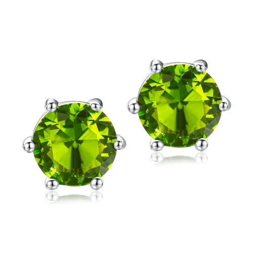 DAYBYDAY 925 Sterling Silver Birthstone Earrings for Women, Crystal Stud Earrings, 6.5mm Round Cut Solitaire Gemstone Earrings Birthday Jewelry - style: Round Cut-08. Aug/created peridot