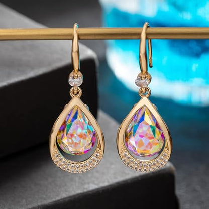 Austrian Crystal Halo Teardrop Hollow Drop Dangle Earrings for Women 14K Rose Gold Plated Hypoallergenic Jewelry Gifts - color: Aurora Borealis