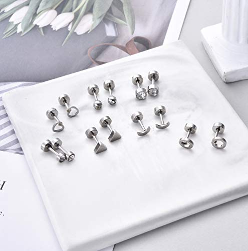 18Pairs 20G 18G Stainless Steel Tiny Stud Earrings for Women Cartilage Helix Earrings Ball Star CZ Earrings - color: Sliver, size: 18G