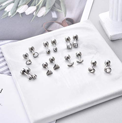 18Pairs 20G 18G Stainless Steel Tiny Stud Earrings for Women Cartilage Helix Earrings Ball Star CZ Earrings - color: Sliver, size: 18G