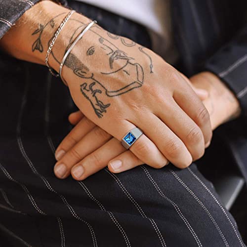 Bestyle Stainless Steel Men Signet Ring-Black/Blue Gemstone Band Ring-Classic Simple Thick Men Ring Size 7-14 - color: 02. 8MM Blue Zircon - Steel