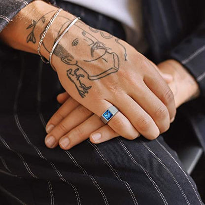 Bestyle Stainless Steel Men Signet Ring-Black/Blue Gemstone Band Ring-Classic Simple Thick Men Ring Size 7-14 - color: 02. 8MM Blue Zircon - Steel