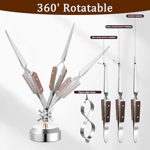 Third Hand Soldering Tweezers, 6 Pcs Cross Locking Tool for Jewelry Making | Self Closing Straight & Angled Tweezer, 2 with Base 360° Rotation, Figure 8 Gourd Clamp, Fits Crafting, Jewelry Repairing