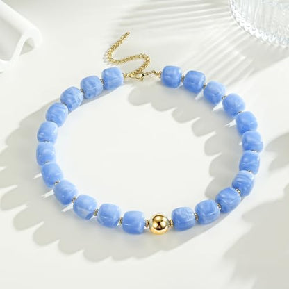 Ritach Chunky Beaded Necklaces for Women - Colorful Large Square Acrylic Beaded Necklace Boho Chunky Necklace Adjustable Statement Choker Necklace for Women Waterproof Summer Beach Jewelry Gifts - color: Sky Blue