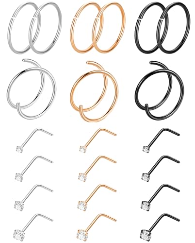 21PCS 18G 20G 22G 316L Stainless Steel Nose Rings Hoop for Women Men Double Nose Ring CZ Nose Stud Piercing Jewelry - color: 18G-Sliver+Rose Gold+Black