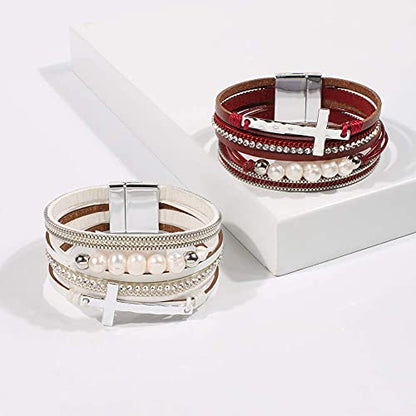 Vercret Leather Wrap Bracelet for Women, Multi-Layer Cuff Bangle | Boho Stacked Bracelets with Safe Clasp Western Bangle Jewelry Gift for Lady and Mom Sister Friend - style: Pearl Cross White