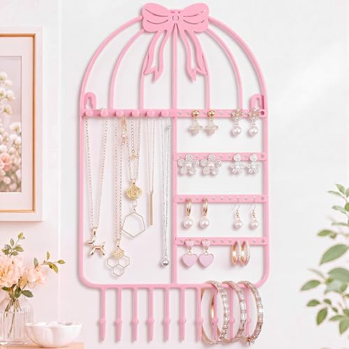 Novabright Pink Bow Wall Hanging Jewelry Organizer with 16 Hooks 48 Stud Holes 15.75inch Pink Metal Wall Necklace Holder Cute Coquettish Jewelry Hanger Rack for Bracelets Earrings Girls Room Decor