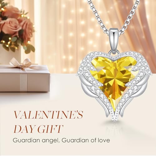 CDE Angel Wings Heart Birthstone Pendant Necklace Gift for Women | Silver/Gold Tone,Ideal Birthday & Anniversary Jewelry Gift for Wife,Girlfriend,Her - color: White-11-Yellow Birthstone