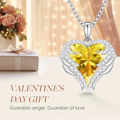 CDE Angel Wings Heart Birthstone Pendant Necklace Gift for Women | Silver/Gold Tone,Ideal Birthday & Anniversary Jewelry Gift for Wife,Girlfriend,Her - color: White-11-Yellow Birthstone