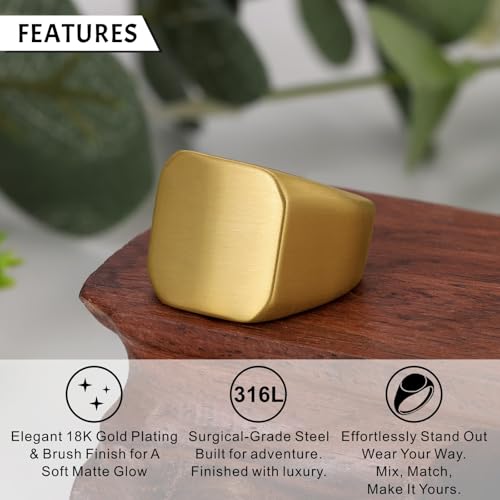 Men's Stainless Steel Square Biker Signet Ring, Black Silver Gold Styles | plain flat top, polished and brushed finish options, chunky profile, pinky or thumb styling, gift-ready for dad or him - color: Gold-Brushed