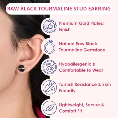 Gempires Wire Wrapped Raw Gemstone Stud Earrings for Women, Birthstone | Handmade wire-wrapped raw gemstone stud earrings — choose from stones and birthstones, artisan raw crystals on gold. - style: Black Tourmaline