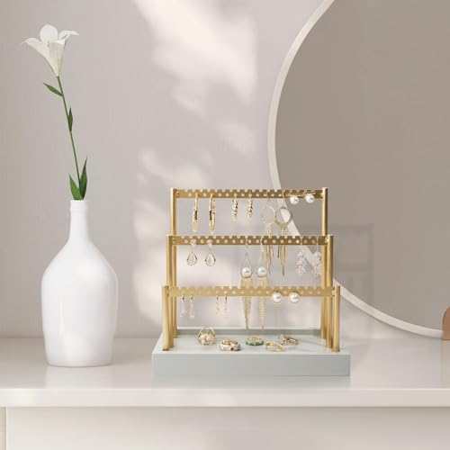 SANY DAYO HOME 3-Tier Earring Holder Organizer Stand, 105 Holes Gold Metal Earring Rack Jewelry Display Tree with Gray Wood Tray for Women and Girls - color: Gold Rack Gray Base