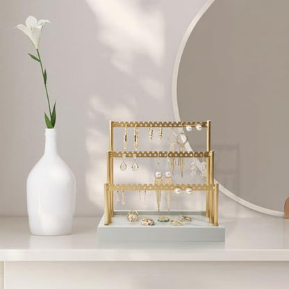 SANY DAYO HOME 3-Tier Earring Holder Organizer Stand, 105 Holes Gold Metal Earring Rack Jewelry Display Tree with Gray Wood Tray for Women and Girls - color: Gold Rack Gray Base