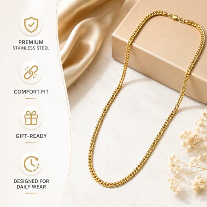 Modstel Premium Cuban Link Chain Necklace 4mm Stainless Steel,Rhodium Plated Silver, For Men & Women, Waterproof, Hypoallergenic, 16-24 Inch - color: Gold, size: 16inch