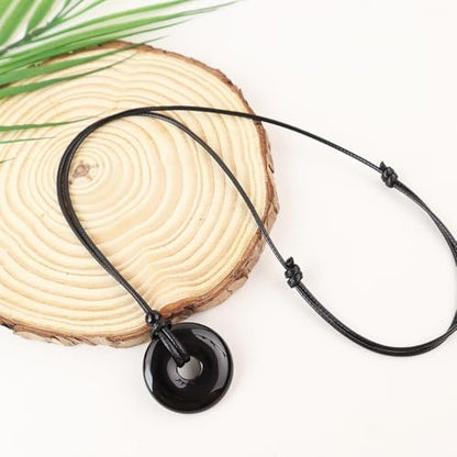 Anjiucc Natural Gemstone Pendant Necklce Lucky Coin Crystal Necklace Donut Pendnat with Adjustable Rope Healing Crystal for Men - color: Black obsidian
