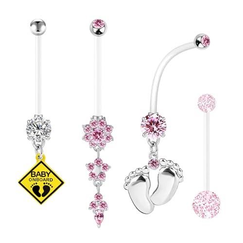 14G Flexible Clear Acrylic Pregnancy Belly Button Ring Flower,letter Dangle Pregnancy Maternity Belly Rings - color: pink