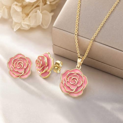 Enamel Rose Necklace and Earrings Jewelry Set for Women | 14K Gold Plated,Rose Represent: Love Gratitude Prid,Adjustable Chain Fit,Elegant Sets for Daily and Party Wear,Gift Box - color: Pink