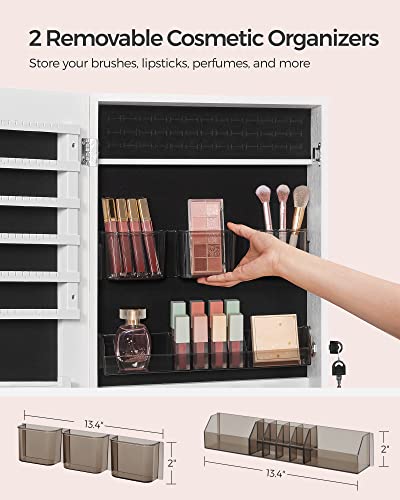 SONGMICS Jewelry Cabinet Armoire, Lockable Wall-Mounted Organizer Unit with 2 Plastic Cosmetic Storage Trays, Full-Length Frameless Mirror, White UJJC001W01 - color: White, style: 42.5-Inch Basic