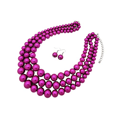 Simulated Pearl Necklace & Earring Set, Multi Strand - color: Fuchsia